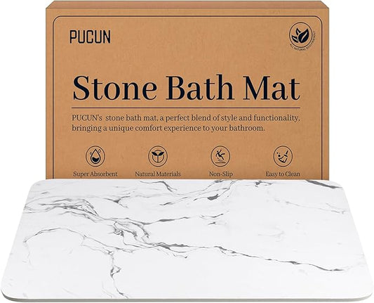 Stone Bath Mat Diatomaceous Earth Non-Slip Shower Mat with Marble-Pattern Surface, Diatomite Bath Stone Mat for Bathroom Floor -Super Absorbent, Easy to Clean (24 * 16 White)