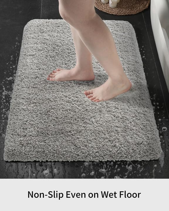 Small Bathroom Rug 17x24 Non Slip Gray Fluffy Bath Mat for Bathroom Floor Washable Plush Luxury Bath Rug for Tub Soft Shaggy Absorbent Shower Mat