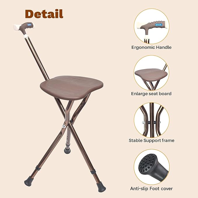 UNLICON-Brown Folding Cane Stool with Seat – Lightweight Adjustable Walking Cane for Seniors, Ergonomic Design, 330 lbs Capacity, Portable and Convenient Cane Chair with Anti-Slip Feet