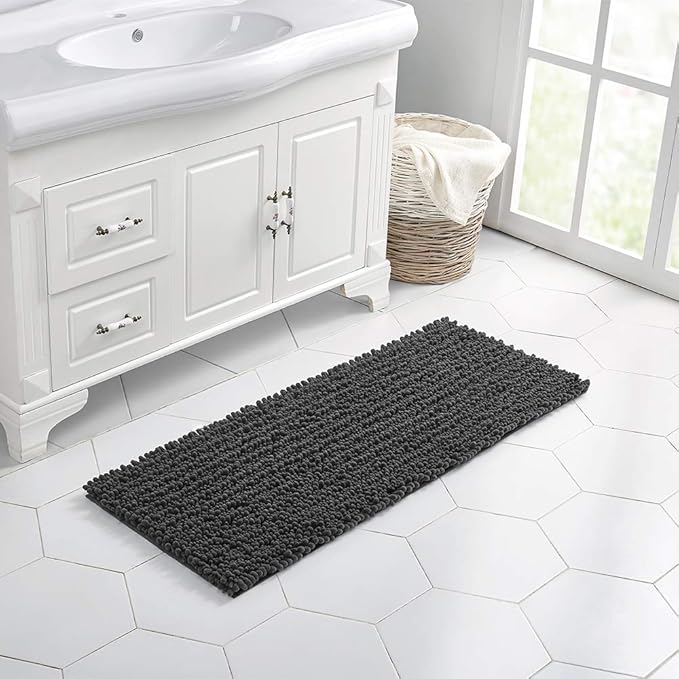 Walensee Bathroom Rug Non Slip Bath Mat (44x24 Inch Dark Grey) Water Absorbent Super Soft Shaggy Chenille Machine Washable Dry Extra Thick Perfect Absorbant Best Large Plush Carpet for Shower Floor