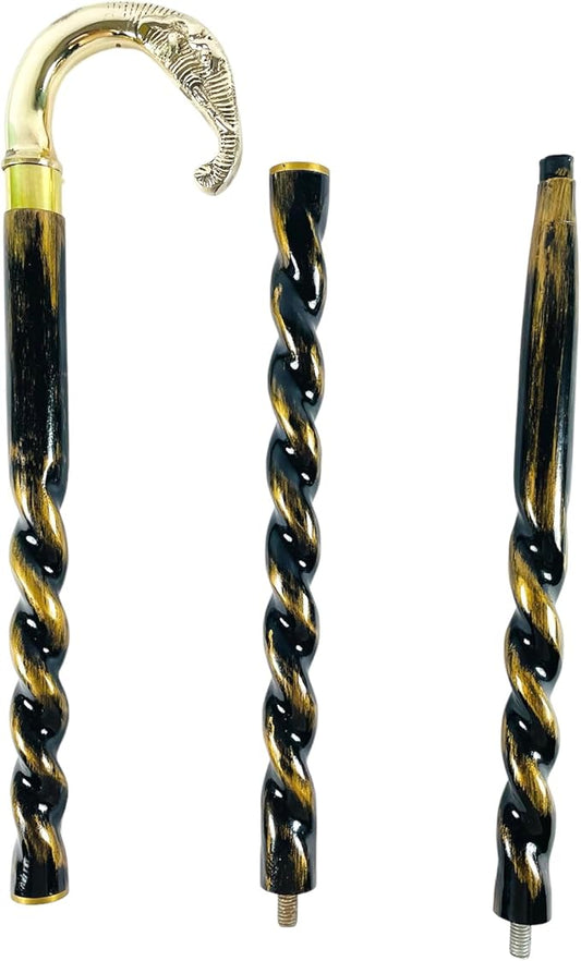 All Black Snake Handle Spiral Wooden Walking Cane