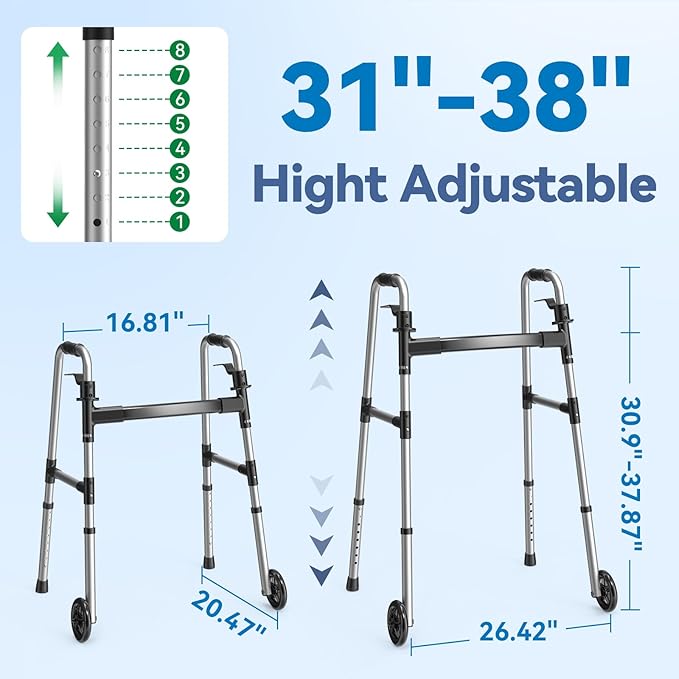 Folding Walker with 2 Skis and 5" Wheels, Lightweight Walkers for Seniors and Adults, Supports Up to 350 Pounds, Adjustable Height, Compact Standard Walker, Black