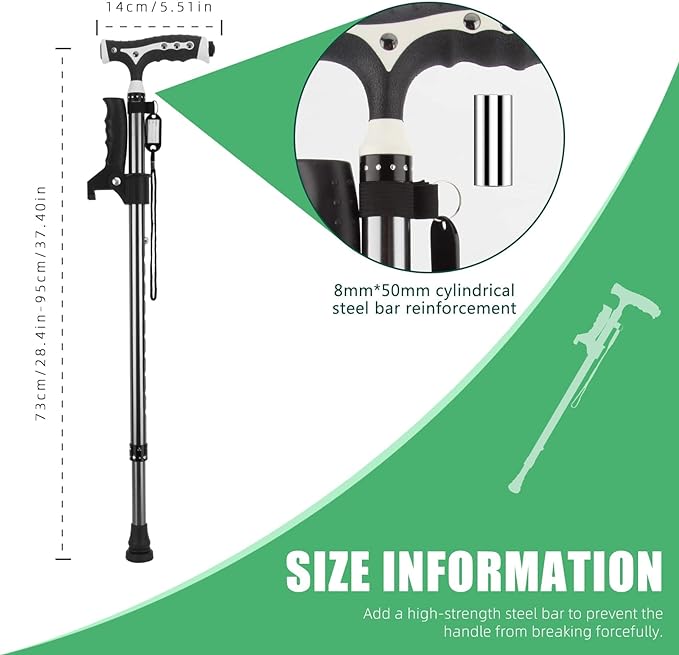 Hold 440 Lbs Walking Cane for Men & Women Aluminum Alloy Lightweight Height Adjustable Walking Stick Heavy Duty Foldbale Free Standing Cane with LED for Seniors Adults