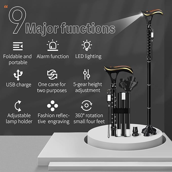 Folding Cane, Smart Alarm Foldable Cane with Light, Fashion Walking Cane for Women&Men, Adjustable Canes for Seniors, USB Direct Charging, Lightweight and Portable