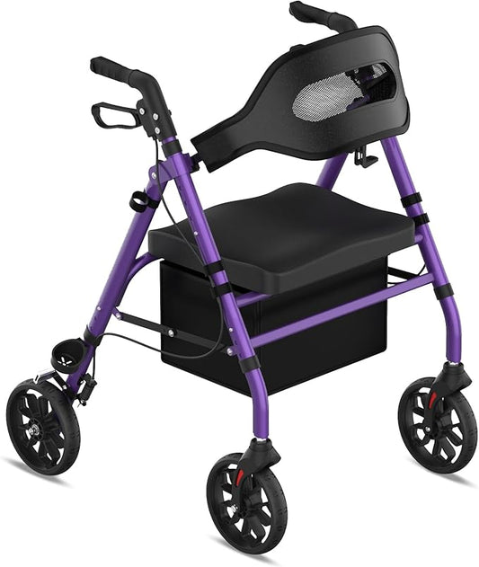 Walkers for Seniors, Foldable Rollator Walker with Seat, 8" Big Wheels, Lightweight Rollator Walker with Ergonomic Backrest, Adjustable Handles and Seat Height, 310 Lbs Weight Capacity, Purple