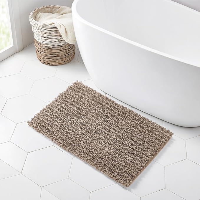 Walensee Bathroom Rug Non Slip Bath Mat (36x24 Inch Taupe) Water Absorbent Super Soft Shaggy Chenille Machine Washable Dry Extra Thick Perfect Absorbant Best Large Plush Carpet for Shower Floor