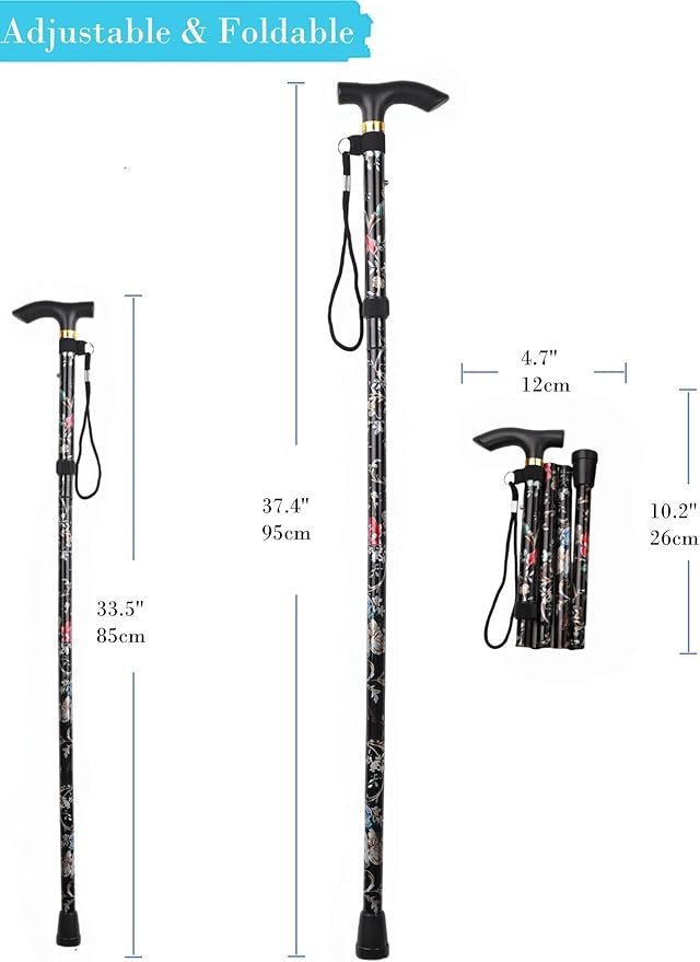 Folding Lightweight Walking Stick - Adjustable Aluminum Metal Collapsible Travel Cane with Non-Slip Rubber Base