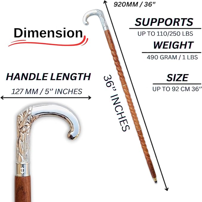 Antique Spiral Brown Wooden Walking Stick with Silver Brass Designer Parrot Handle Walking Wooden Cane for Gift Men & Women