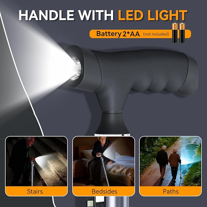 Walking Cane with LED Light for Seniors Men Women, Adjustable Folding Canes for Elderly, Ergonomic Handle & All Terrain Shock Absorbing Base, Walking Sticks for Indoor Outdoor Travel Hiking Support