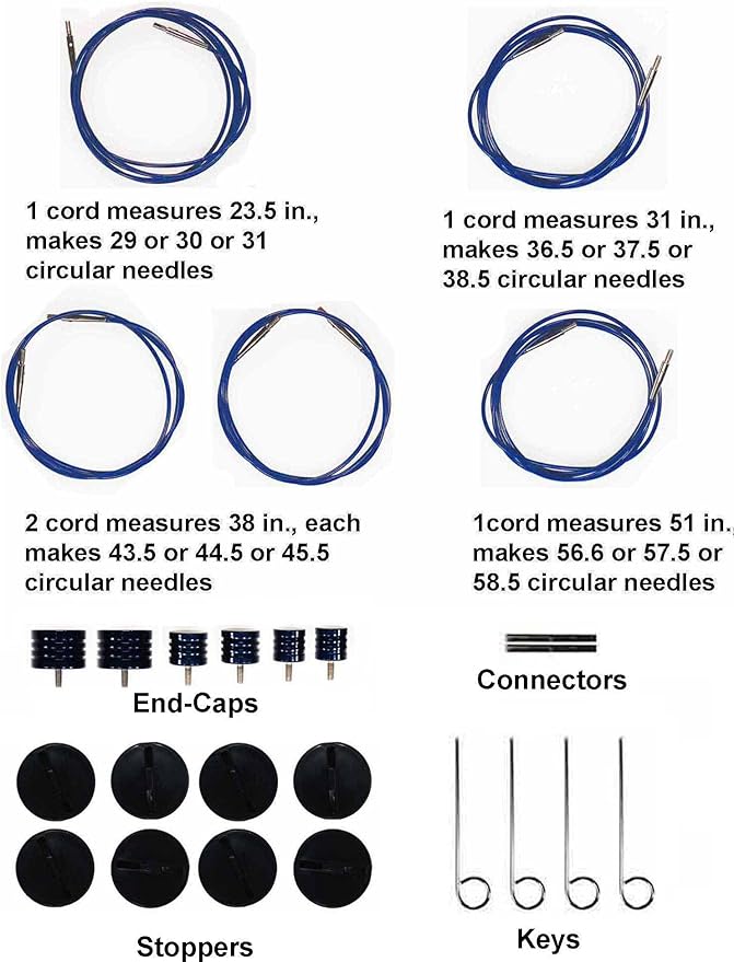 Lykke Indigo 5.5, 6.5 & 7.5 Inch Long Interchangeable Knitting Needles Birch Wood US Sizes US Sizes 7, 8, 9, 10, 10.5, 11, 13, 15, 17 with 5 Cords, connectors, Keys, Azure Denim Case, Project Bag