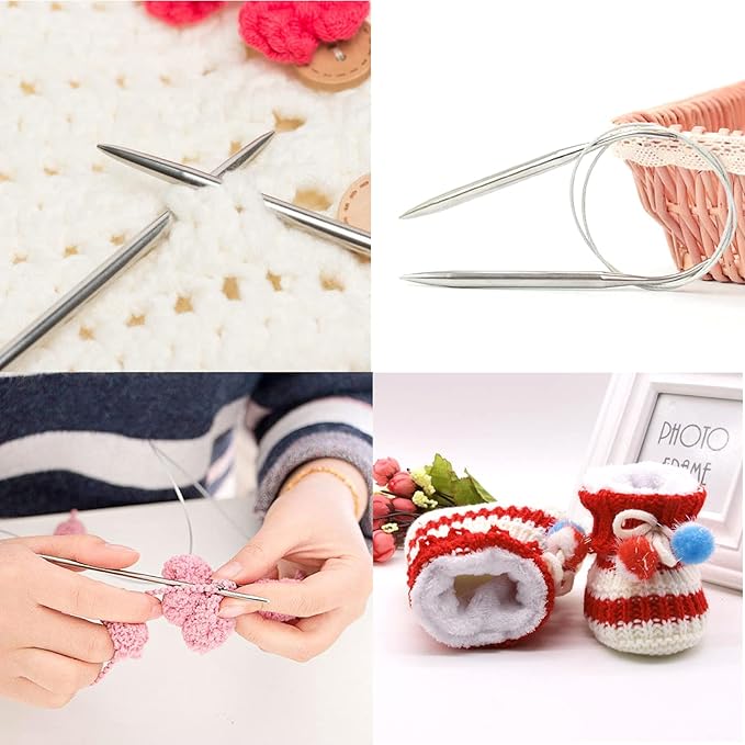 16 Inch Circular Knitting Needles Set, Stainless Steel Round Knitting Needles,11 Pack Sizes 1.5-5mm Metal Circle Knit Needle with Magic Loop for Socks, Knit Tools Set for Beginners
