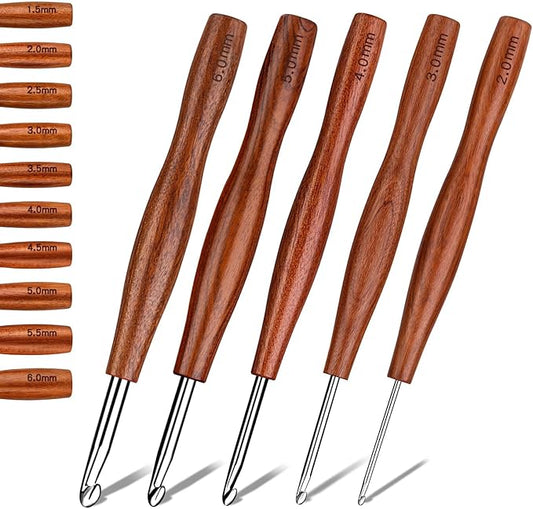 Nitlak 5 Pcs Crochet Hook, 5 Size Aluminum Ergonomic Crochet Hook with Wooden Handle for Arthritic Hands, Beginners, Crochet Needles for Knitting (2mm/3cm/4cm/5cm/6cm)
