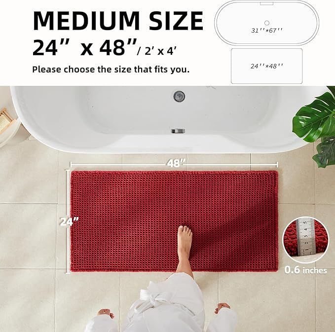 Waffle Bath Mat, Boho Bathroom Rugs Non Slip Washable Super Absorbent Quick Dry Bath Mat Farmhouse Bathroom Decor, 48"x24" Burgundy