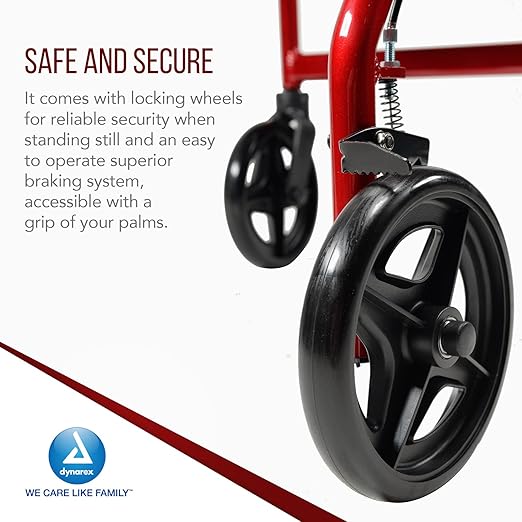 Dynarex DynaGo Quad 8 Rollator - Portable, Stand-Up Rolling Walker - 7.5” Wheels, Ideal for Narrow Spaces, Easy to Maneuver & 300 lb. Weight Capacity, Red Frame, 1 Rollator