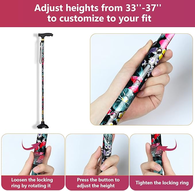 Walking Cane with LED Light, Foldable,Adjustable, Self Standing Walking Canes for Men & Women,Walking Sticks with Quad Base for Seniors & Adults