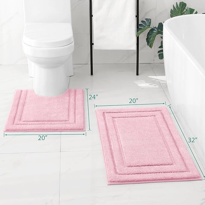 HOMEIDEAS Bathroom Rugs Sets 2 Piece, Super Soft and Absorbent Non Slip Microfiber U-Shaped Toilet Bath Mat Set (20"x32"+U20 x24, Light Pink)