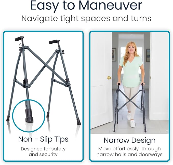 Vive Lightweight Folding Walker for Seniors - Narrow Foldable Rolling Walker for Small Spaces- Compact & Collapsible for Travel - with Wheels, Mobility Support, Portable- Weighs Only 5.5 Pounds