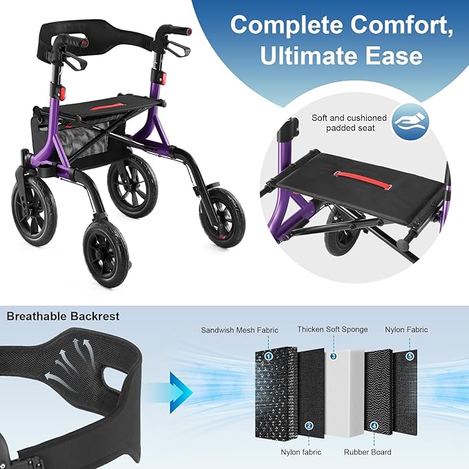 Walkers for Seniors, Rollator Walker with Seat, 12" Big Rubber Wheels All Terrain Rollator Walker with Backrest, Built-in Cable, Cup Holder, Foldable and Height Adjustment for Seniors, Purple