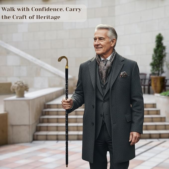 All Black Snake Handle Spiral Wooden Walking Cane