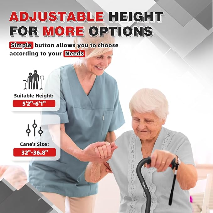 BigAlex Quad Cane, Foldable Adjustable Walking Cane for Men & Women with Stable 4-Pronged Base for Extra Stability & Balance, Heavy Duty, Lightweight, Soft Offset Handle Stick for Seniors & Elderly
