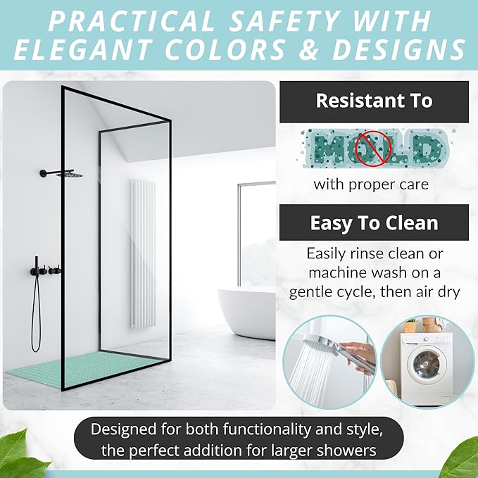 ENKOSI Extra Large Shower Mat Non Slip - 47 x 32 inch - XL Bathroom Shower Mat - Large Shower Matts for Shower Stall Floors - Secure Suction Cups and Drain Holes (47x32 Aqua Green)