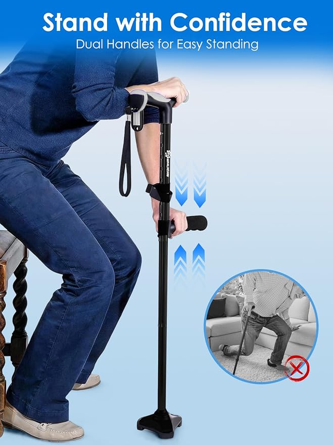 Adjustable Walking Cane for Women & Men for Stability, Self Standing Cane with Second Handle for Standing, 350lbs Heavy Duty Foldable Collapsible Folding Cane, Walking Sticks for Seniors & Adult