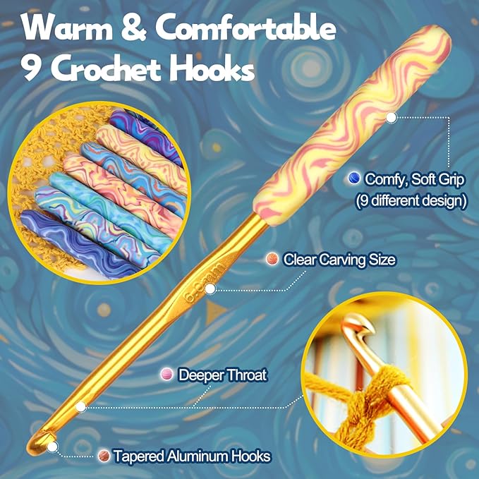Coopay Warm Crochet Hooks Comfort Grip, Pretty Starry Night Art Handle Crochet Set for Beginners, Longer Aluminum Shaft Crochet Hook Set 2.0mm-6.0mm, Smooth Crochet Needles Set for Crochet Yarn