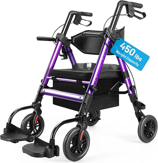 Heavy Duty Rollator Walker for Seniors with Seat, Foldable 2 in 1 Rolling Walkers Wheelchair Combo for Adult, All Terrain Wheels, Adjustable Transport Chair with Brake, 450 lb. Weight Capacity, Purple