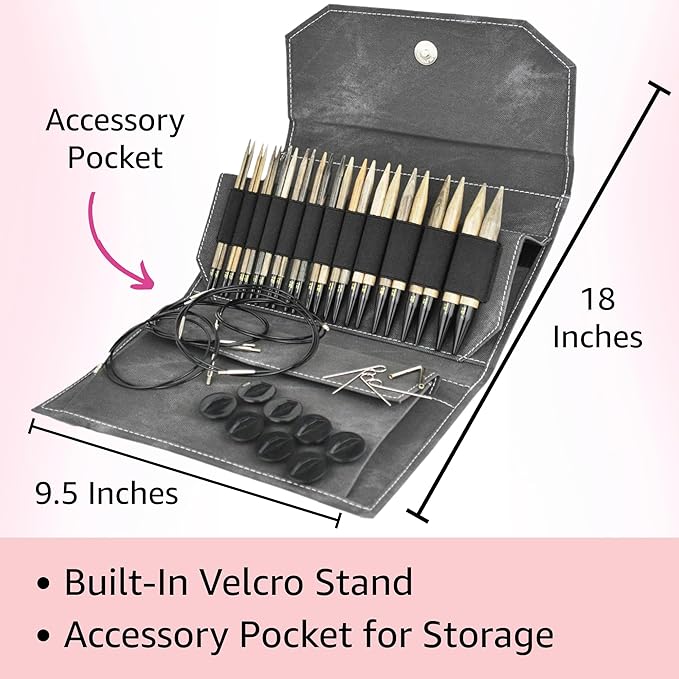 Lykke Driftwood 5 in. Complete Set US Sizes 4, 5, 6, 7, 8, 9, 10, 10.5, 11, 13, 15, 17 Interchangeable Circ. Knitting Needles for DK, Worsted, Chunky Yarns, Birch, 5 Cords, Grey DM Case, Project Bag