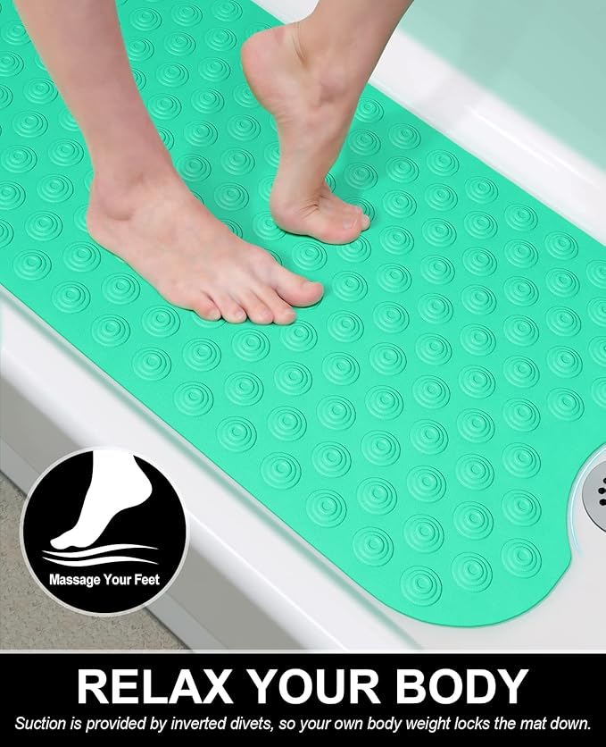 OTHWAY No Suction Cup Bath Mat: 39x16 inch Extra Long Bathmat│Perfect for Refinished or Ordinary Bath Tubs│Made of Nature Rubber│a Blessing for The Elderly and Children (Light Green)