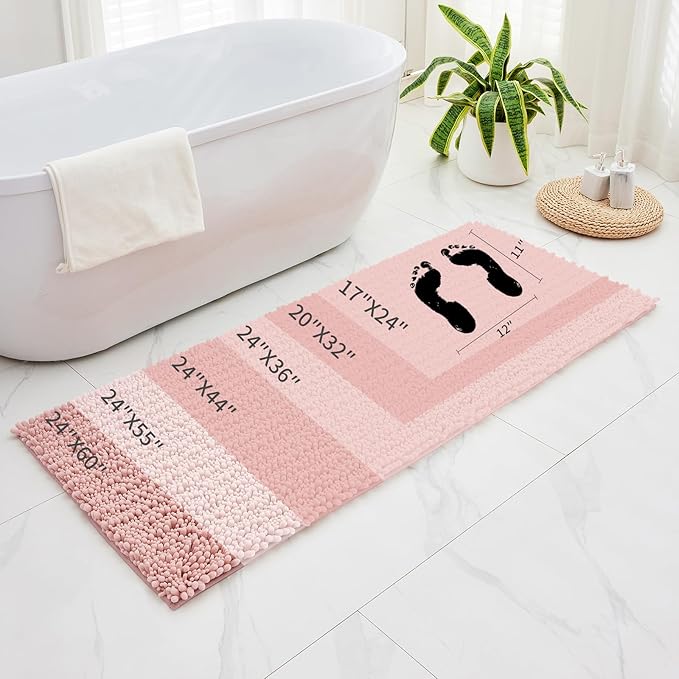 Small Bathroom Rug Non Slip Washable Pink Bath Mat 17x24 Super Absorbent Soft Bathroom Floor Mat Chenille Bath Rug for Shower Tub