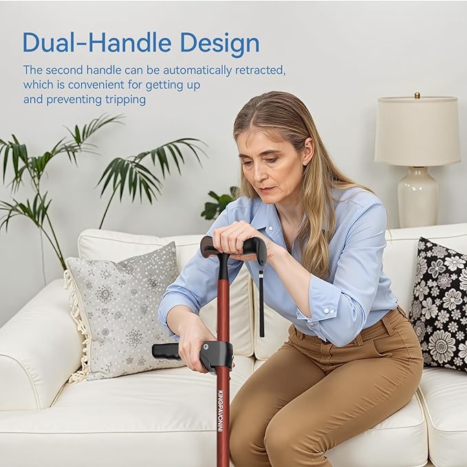 KingPavonini Walking Cane for Women/Men with Second Handle, Foldable & Adjustable Quad Cane with 4-Pronged Base for Standing, Lightweight Walking Aid for Seniors & Adults
