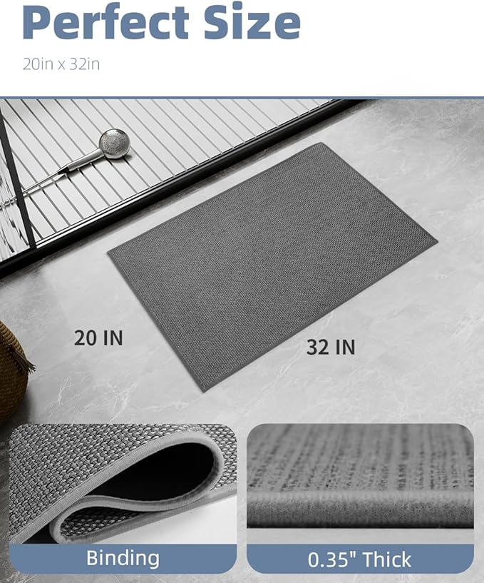PADOOR Non-Slip Bath-Mats for Bathroom, Rubber-Backing Braided Absorbent Bathroom Mat Machine Washable Thin Bathroom Rugs Fit Under Door Quick Dry Bath Rugs for Floor, 20''x32'' Grey