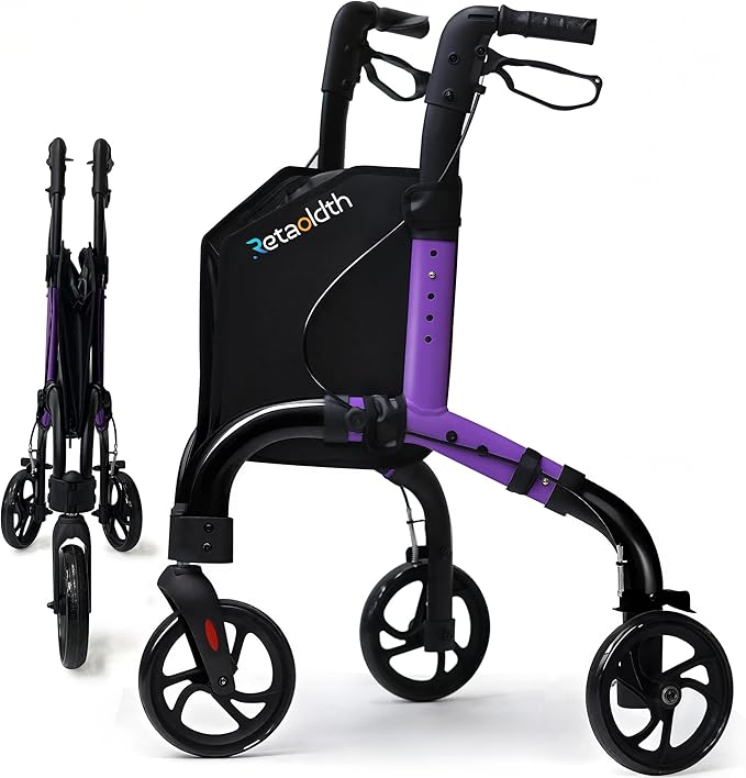 Lightweight 3 Wheel Rollator Walker for Seniors, Foldable Aluminum Mobility Aid with Storage Bag, Easy-Fold Walking Support for Elderly Balance & Rehabilitation