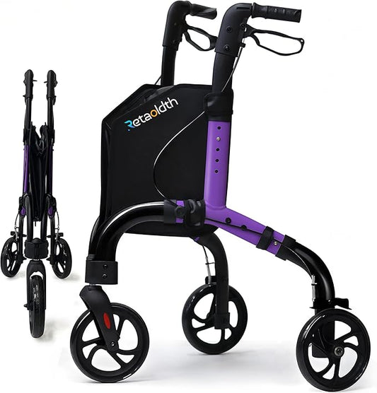 Lightweight 3 Wheel Rollator Walker for Seniors, Foldable Aluminum Mobility Aid with Storage Bag, Easy-Fold Walking Support for Elderly Balance & Rehabilitation