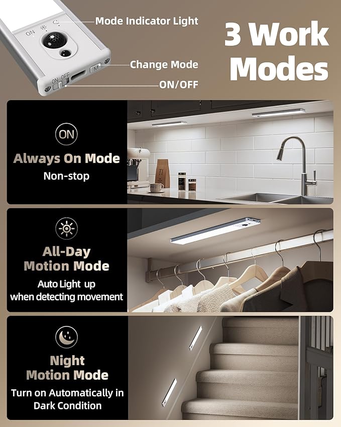 EZVALO Under Cabinet Lighting with Charging Station, Rechargeable Motion Sensor Light Indoor, Dimmable Closet Lights Wireless, 5700K, Motion Activated Under Counter Lights for Kitchen,Pantry(3 Pcs)