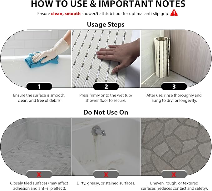 MBOSS Bath Tub Shower Mat Non Slip Bathtub Mats for Bathroom Shower Floor Mat Bath Mats for Shower Tub Anti Slip Shower Mat with Drain Hole and Large Suction Cups (Ivory White, 27.5 X 15.7 Inch)