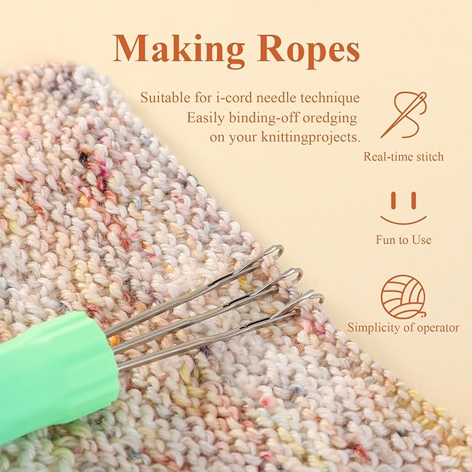 RSRIHE 3 Latch Hook Cord Knitting Tool, Cordy Icord Maker Tool, Crochet Tool for Binding-Off or Edging on Knitting Projects,Crochet Hook with Latch-Hook,Efficient Knitting Hook Weaving Tool (Green)