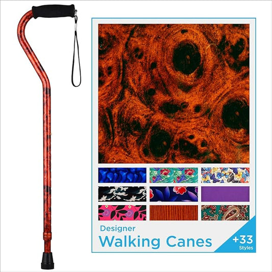 Nova Joy Designer Offset Walking Cane for Seniors - Unisex Adjustable Lightweight Aid with Foam Handle, Wrist Strap and Anti-Rattle Lock - Essential Mobility Support - Mahogany Swirl