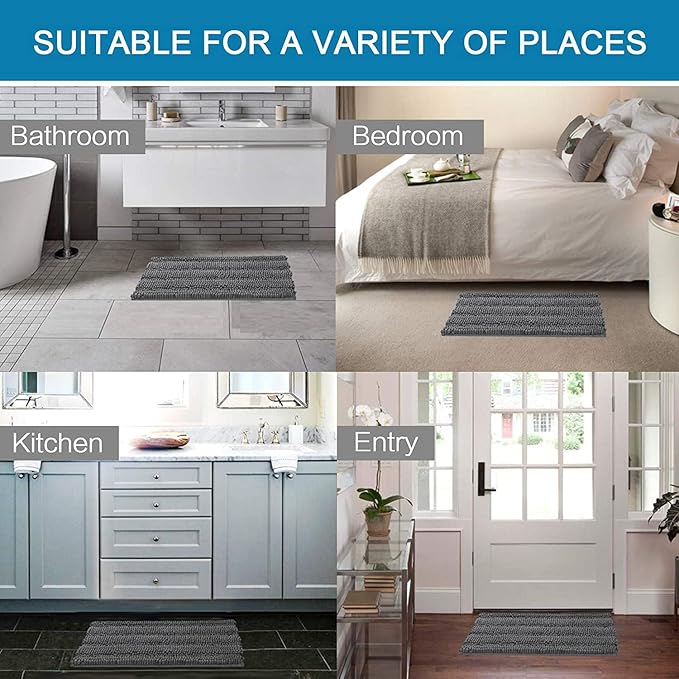 H.VERSAILTEX 2 Piece Bathroom Set - Super Absorbent Chenille Striped Bath Mats, Non Skid, Machine Washable - Grey, 24 x 36 Plus 20 x 32 Inches