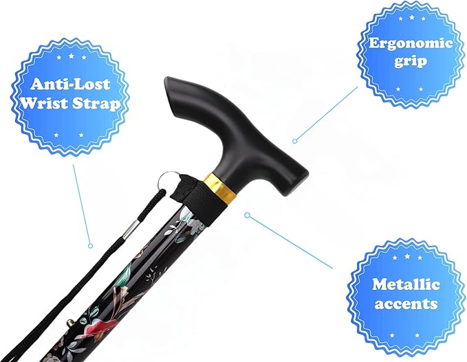Folding Lightweight Walking Stick - Adjustable Aluminum Metal Collapsible Travel Cane with Non-Slip Rubber Base