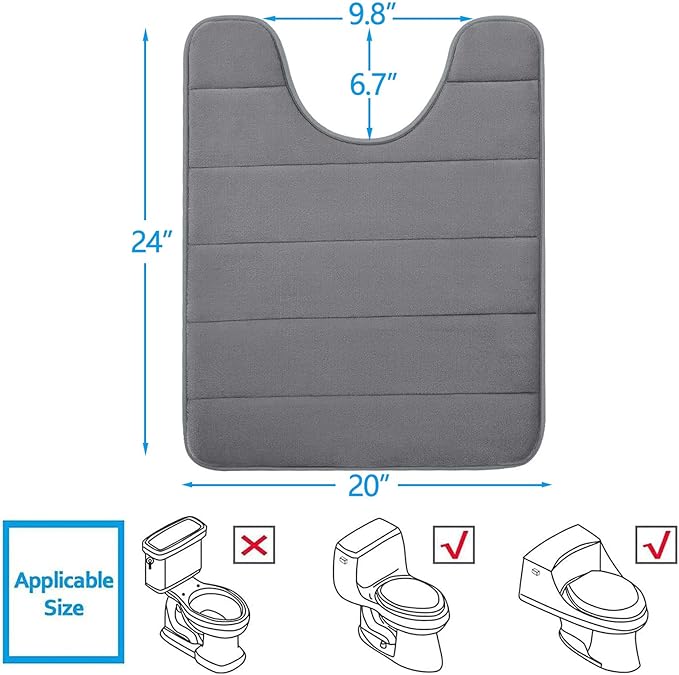 Buganda Memory Foam U-Shaped Contour Toilet Rugs, Non Slip Absorbent, Thick Soft Washable Bathroom Mat, Floor Carpet Bath Rugs Mat for Toilet Base (24" x 20", Grey)