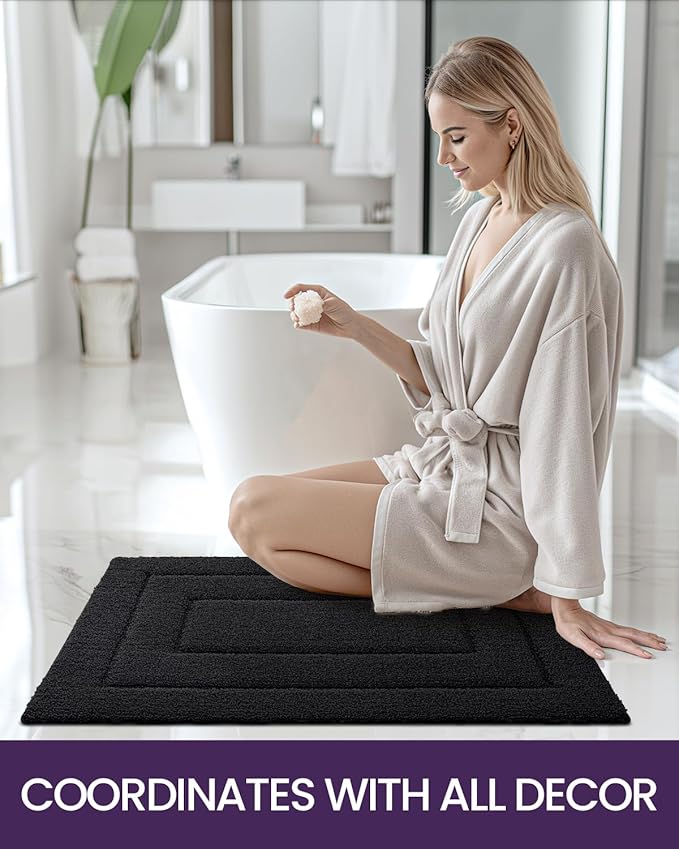 DEXI Bathroom Rug 43x24, Non Slip Washable Bath Mat for Shower Floor, Extra Large Absorbent Soft Bathmat with Rubber Backing, Quick Dry Microfiber Carpet, Black