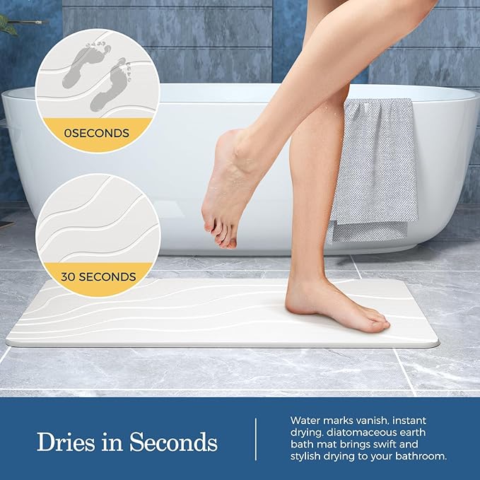 Stone Bath Mat Diatomaceous Earth Non-Slip Shower Mat,Quick Drying Diatomite Bath Stone Mat for Bathroom Floor -Super Absorbent,Natural, Easy to Clean(24 * 16 White)