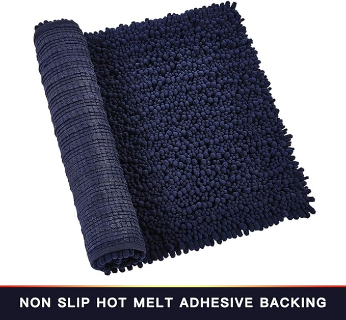 Walensee Bathroom Rug Non Slip Bath Mat (32x20 Inch Navy) Water Absorbent Super Soft Shaggy Chenille Machine Washable Dry Extra Thick Perfect Absorbant Best Large Plush Carpet for Shower Floor