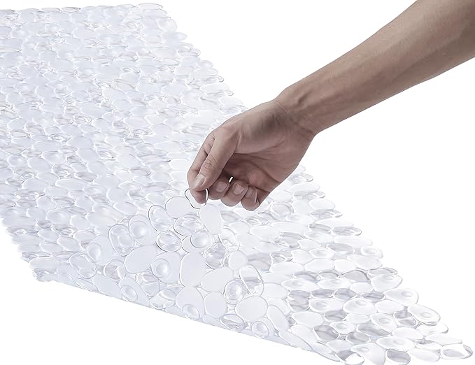 Bath Shower Mat Non Slip: Extra Large Pebble Bathtub mat for Families, Anti Slip Shower Matt with Drain Holes Suction Cups Tub Mat - 16 X 40 Inch Clear