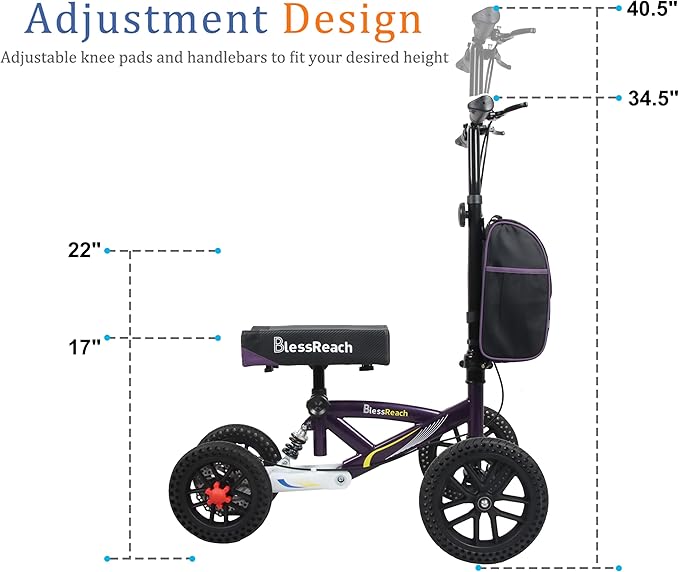 All Terrain Foldable Knee Scooter Walker, Disc Brake Knee Walker for Foot Injuries, Compact Crutches Alternative (Purple)