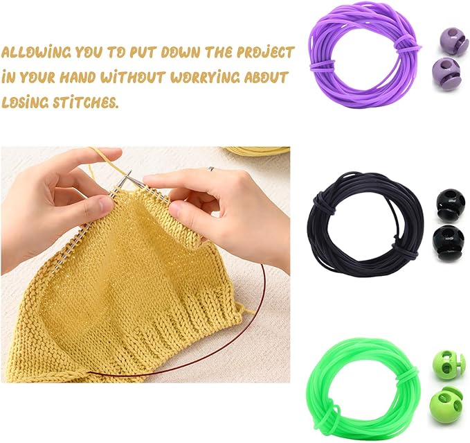 6 Pcs Stitch Stopper Set, Knitting Stitches Holder, Double Hole Needle Point Protectors with Stitch Savers Knitting Cords, Barber Cord Stitch Markers, Knitting Needle Stoppers for Knitting Craft