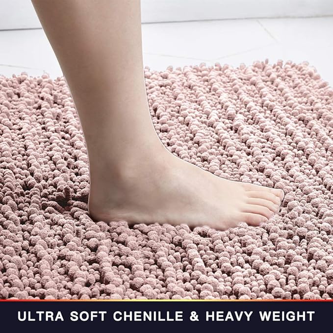 Walensee Bathroom Rug Non Slip Bath Mat (32x20 Inch Dusty Pink) Water Absorbent Super Soft Shaggy Chenille Machine Washable Dry Extra Thick Perfect Absorbant Best Large Plush Carpet for Shower Floor