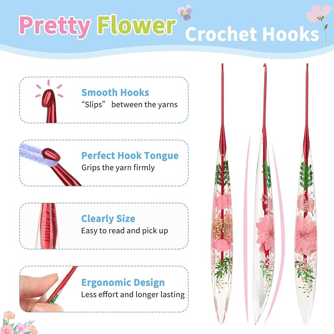 Coopay Crochet Hooks, 2mm Crochet Hook Ergonomic, See-Through Resin Handle with Flowers Inside, Pretty & Pleasant, Ideal for Crocheting Blankets, Dolls, Shawls, Hats, Scarves (B-2.0mm)
